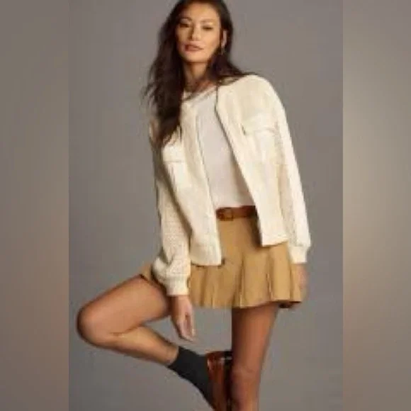 Anthropologie Crochet Bomber Cardigan Ivory Excellent Size L - Picture 2 of 9